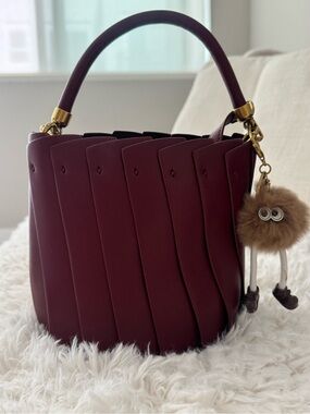 Plum Woven-Panel Bucket Bag with Top Handle